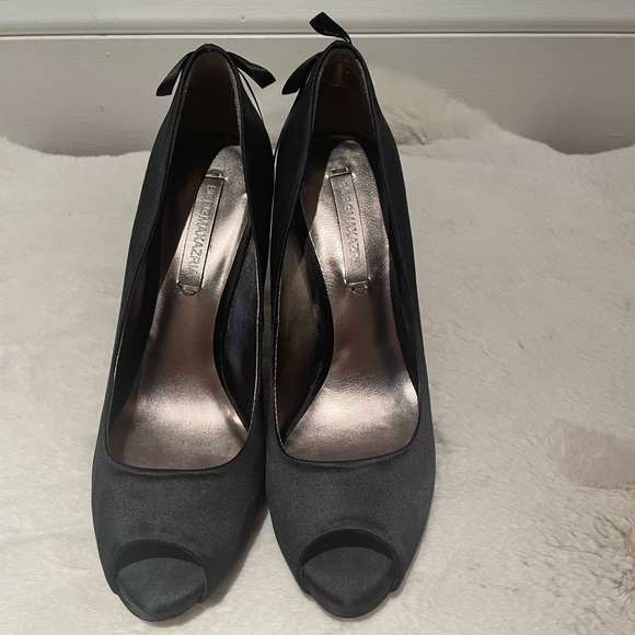 BCBG MaxAzria Anya Black Satin Peep Toe Heels - Picture 2 of 6